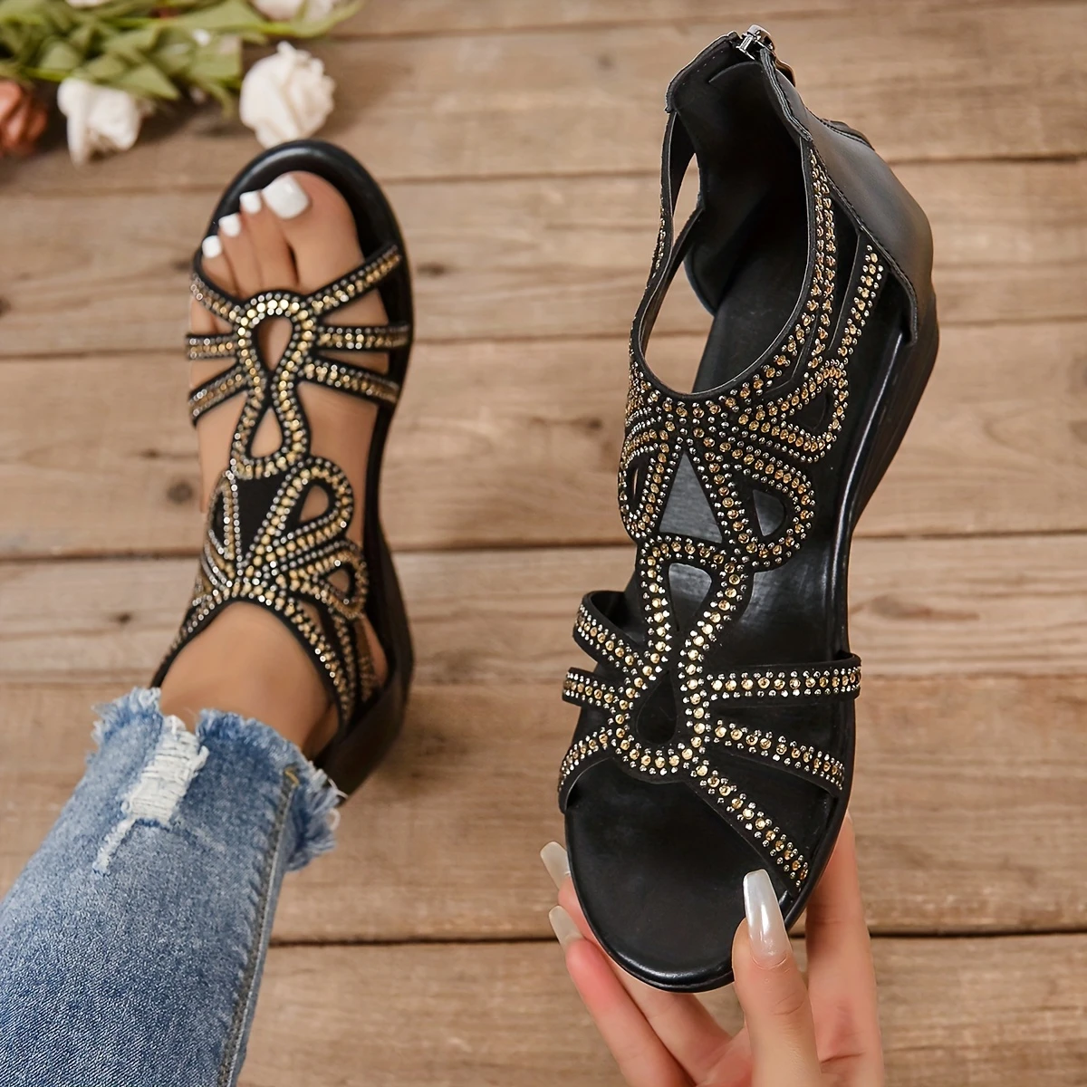 Stunning Rhinestone Wedge Sandals