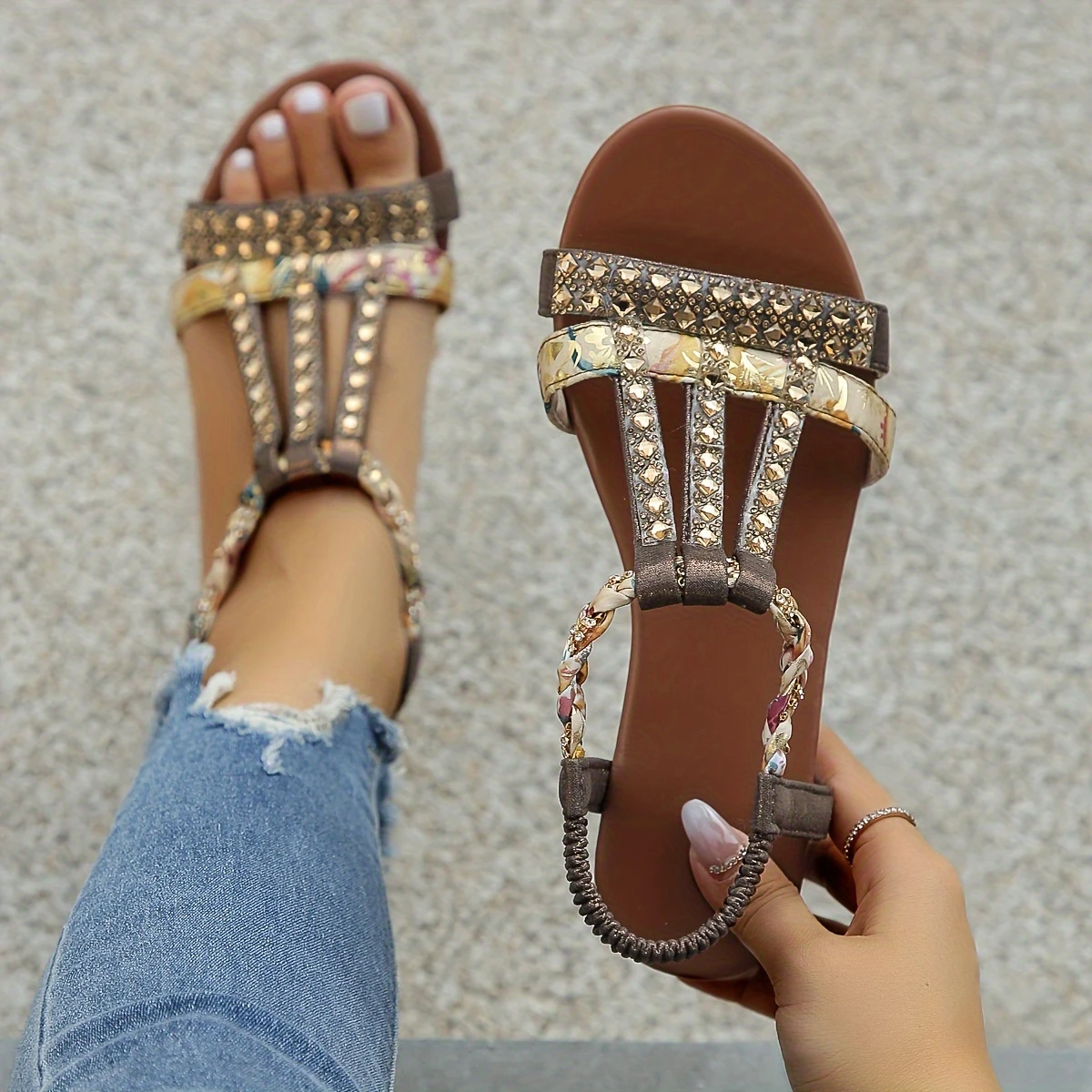 Women's Rhinestone Elastic Strap Soft Sole Platform Vacation Sandals