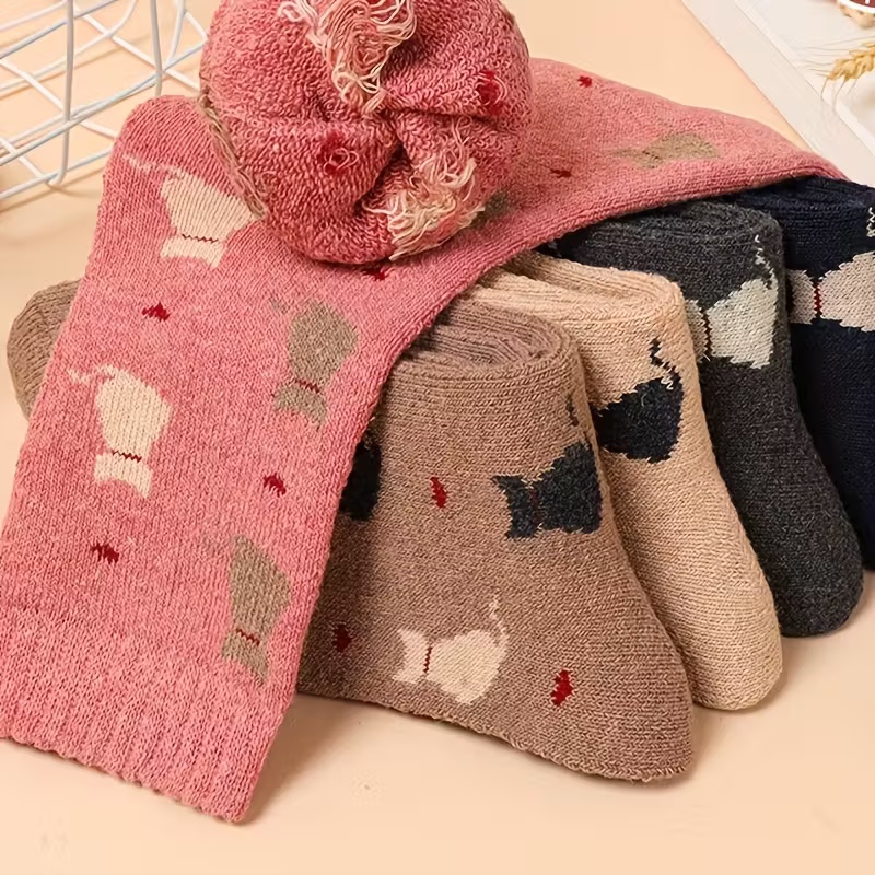 5 Pairs Women's Thick Warm Mid-Calf Socks with Plush Cartoon Cat Design