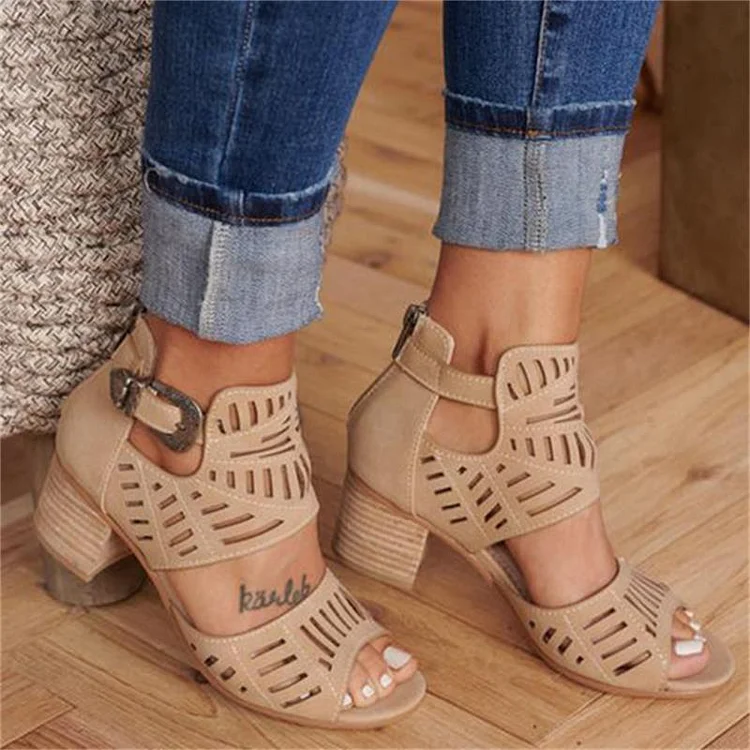 Vintage Hollow Out Sandals Mid Heel Buckle Ladies Shoes