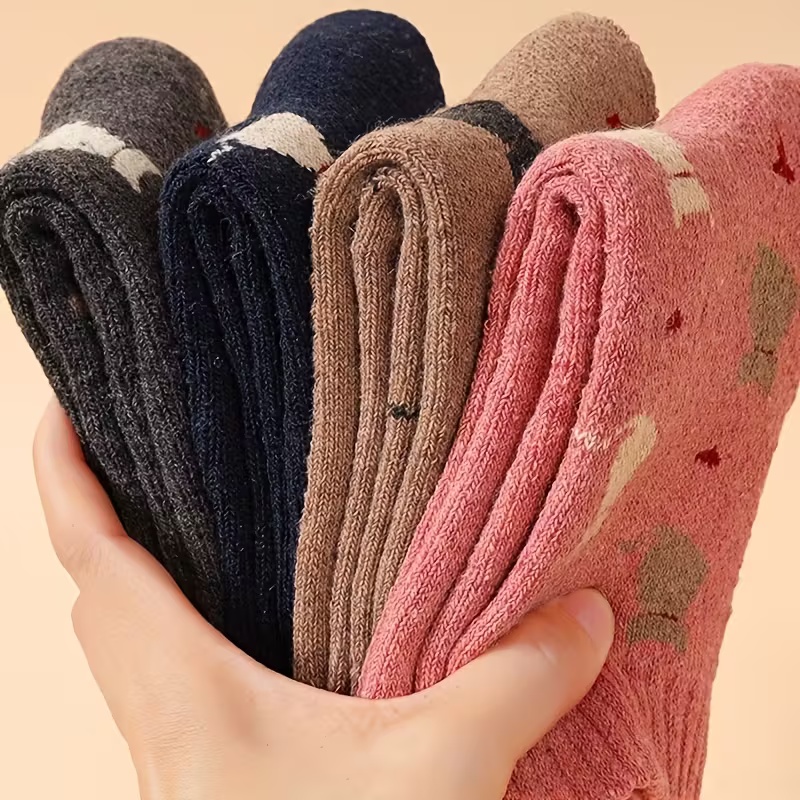 5 Pairs Women's Thick Warm Mid-Calf Socks with Plush Cartoon Cat Design
