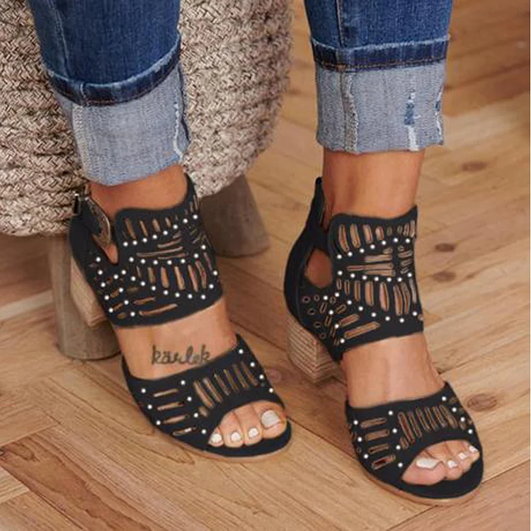 Vintage Hollow Out Sandals Mid Heel Buckle Ladies Shoes