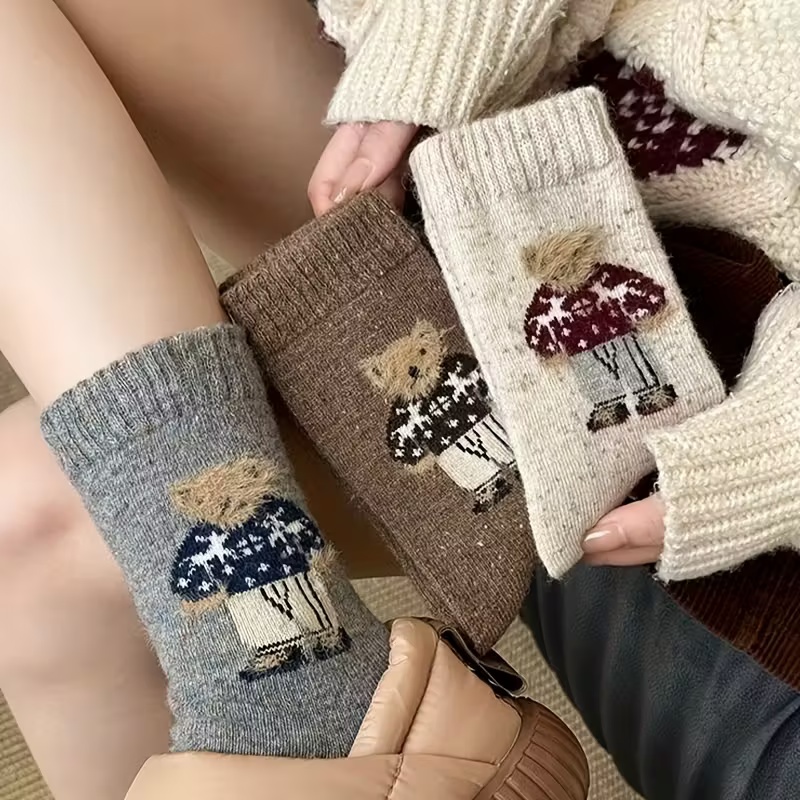 5-Pair Winter Vintage Fleece-Lined Sweater Bear Comfortable Mid-Calf Socks