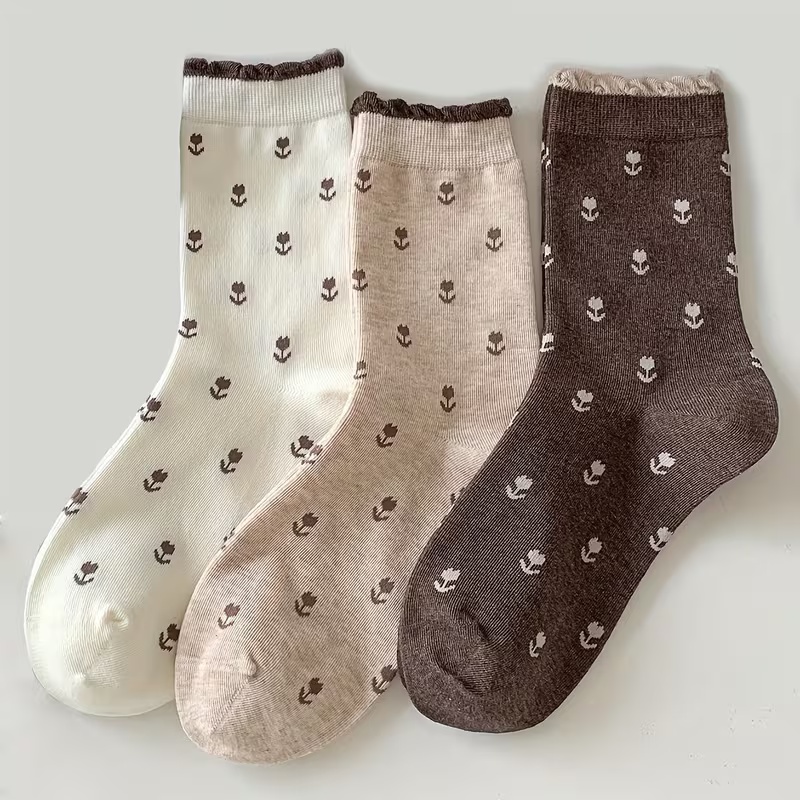 3 Pairs of Women's Stylish Floral Retro Mid-Calf Socks