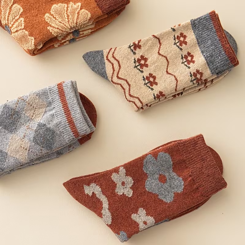 5-Pack Women's Houndstooth Jacquard Mid-Calf Wool Socks