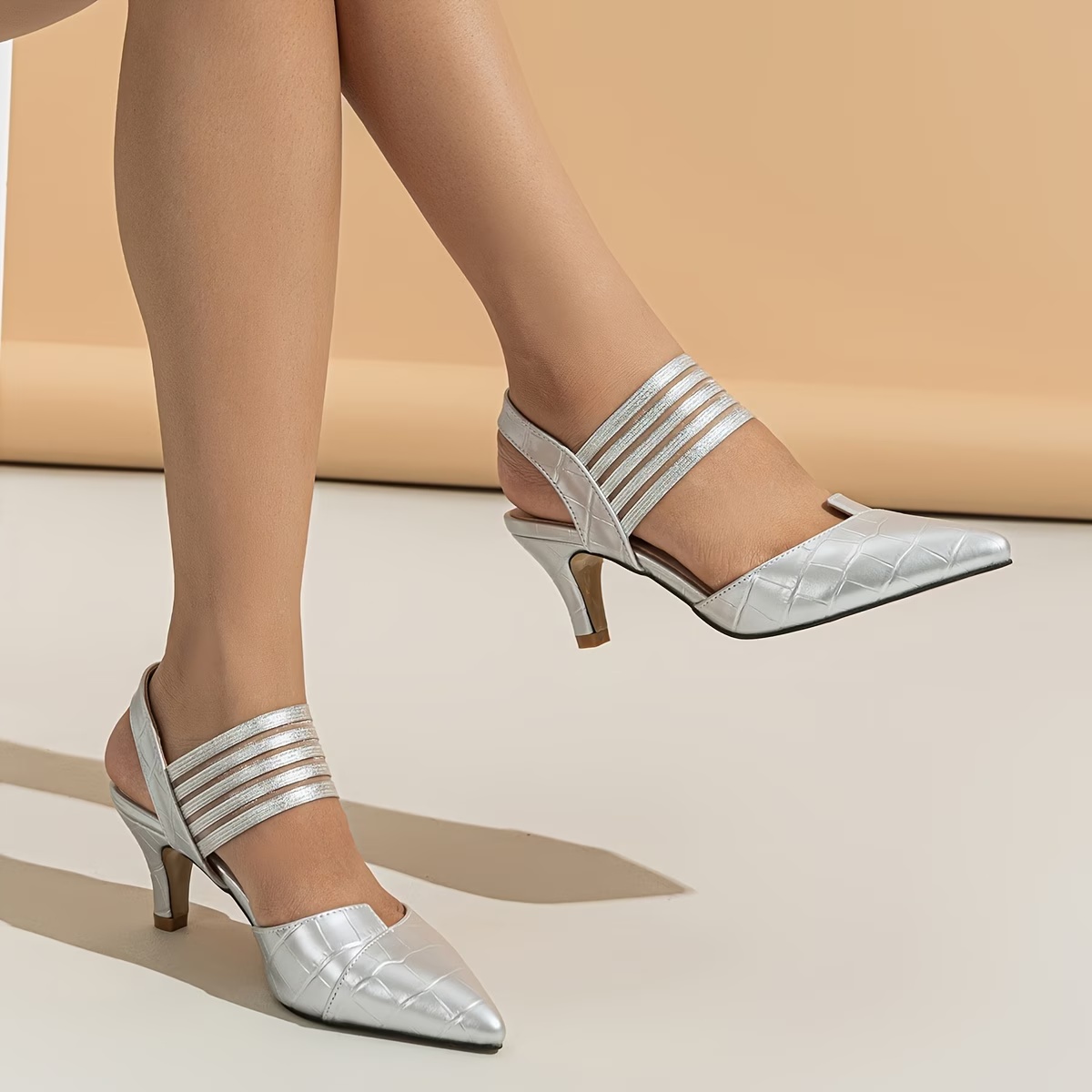 Women‘s French-Style Elegant Open-Back Crocodile-Pattern High Heels