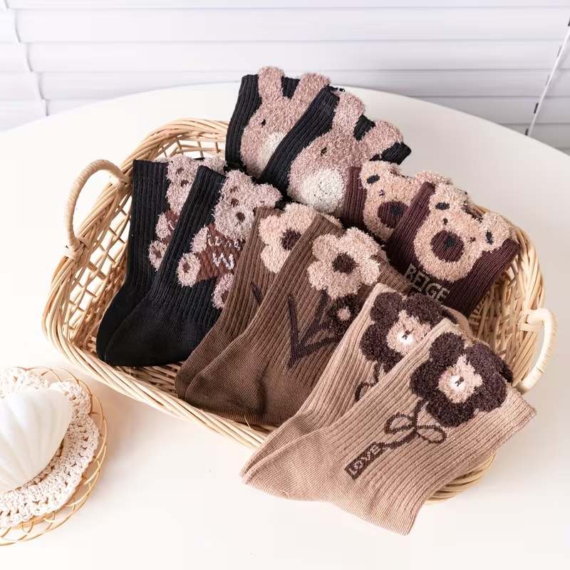 5 Pairs Women's Mid-Calf Socks with 3D Plush Bear Design