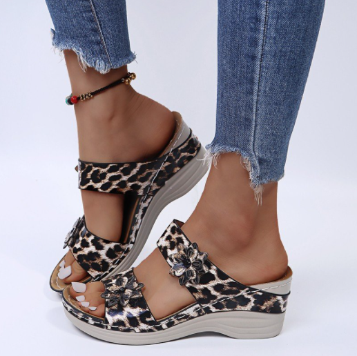 Leopard Print Leather Wedge Soft Sole Sandals