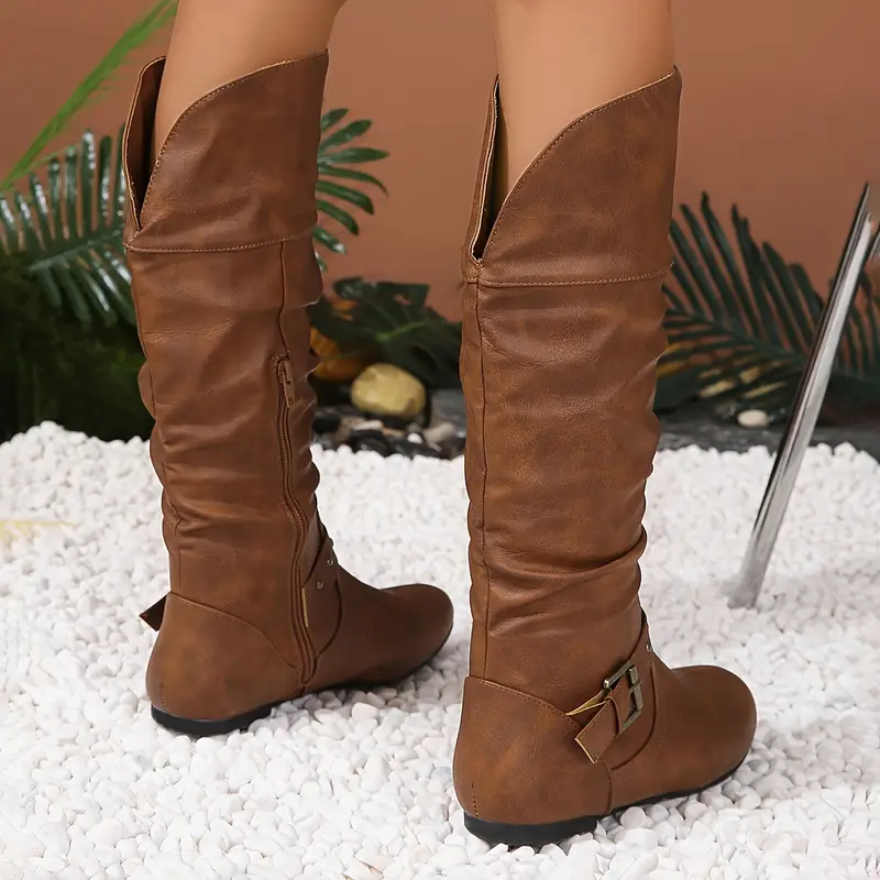 Women's Pleated Retro Round Toe Knee High Boots