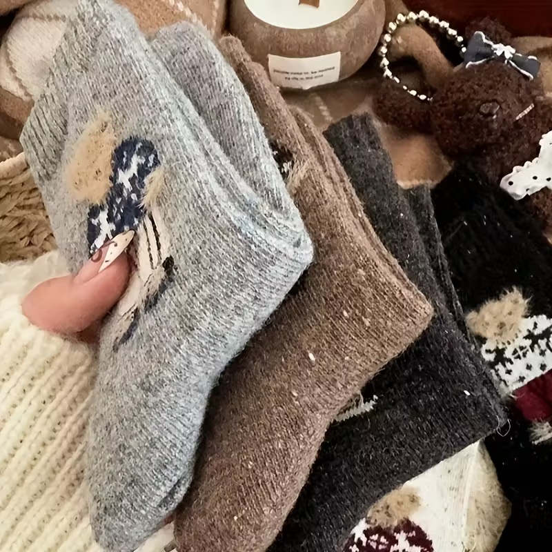 5-Pair Winter Vintage Fleece-Lined Sweater Bear Comfortable Mid-Calf Socks