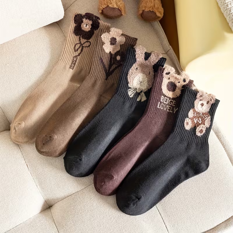 5 Pairs Women's Mid-Calf Socks with 3D Plush Bear Design