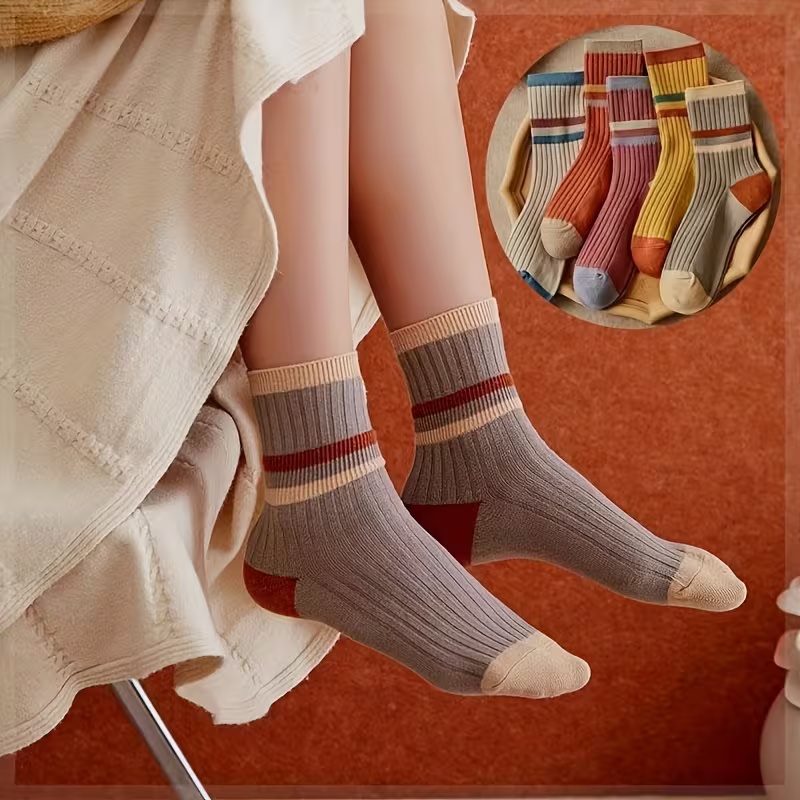 5 Pairs Women's Soft Ribbed Cuff Long Socks
