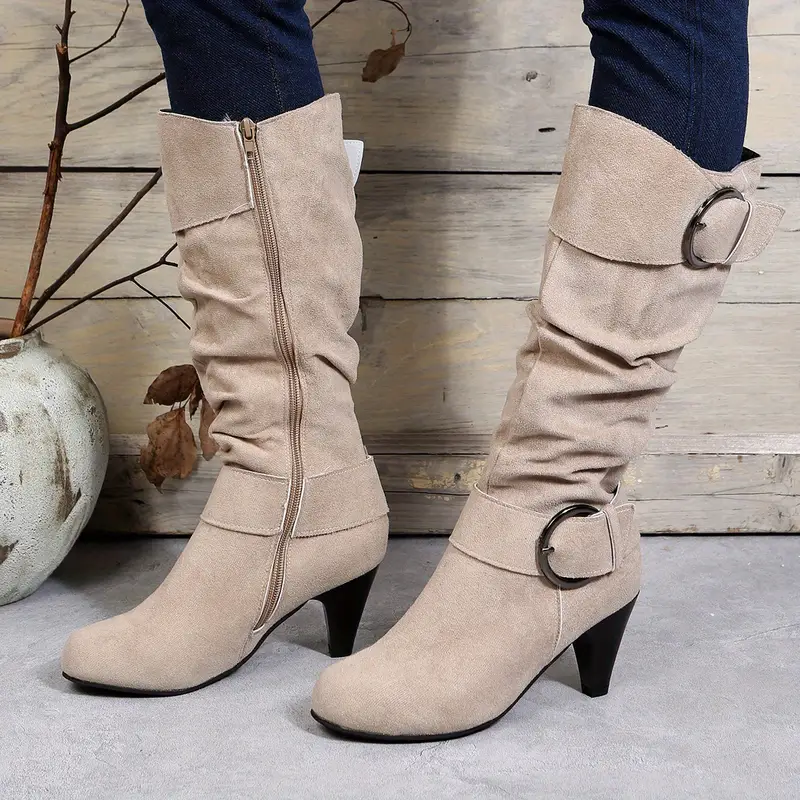 Women's Slouch Knee High Buckle Strap Side Zipper High Heeled Boots