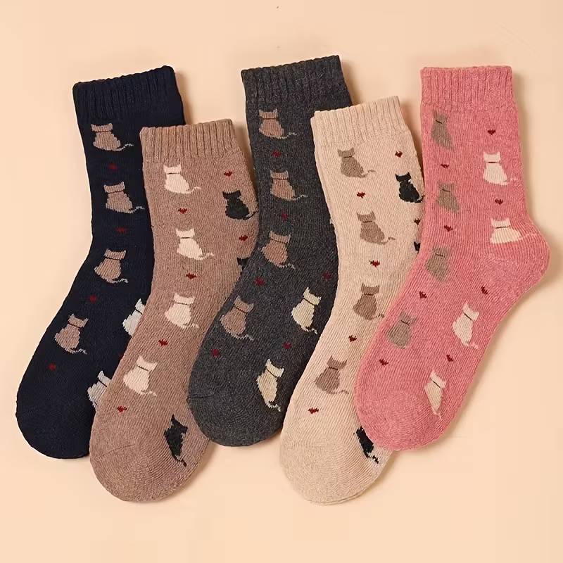 5 Pairs Women's Thick Warm Mid-Calf Socks with Plush Cartoon Cat Design