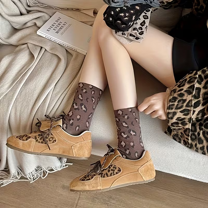5 Pairs Leopard Print Mid Calf Socks for Women