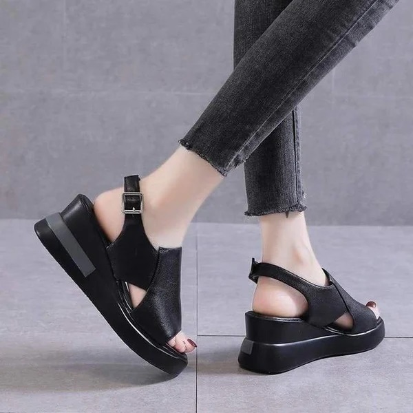 Wedge-Heel Shock-Absorbing Leather Sandals/Slipper