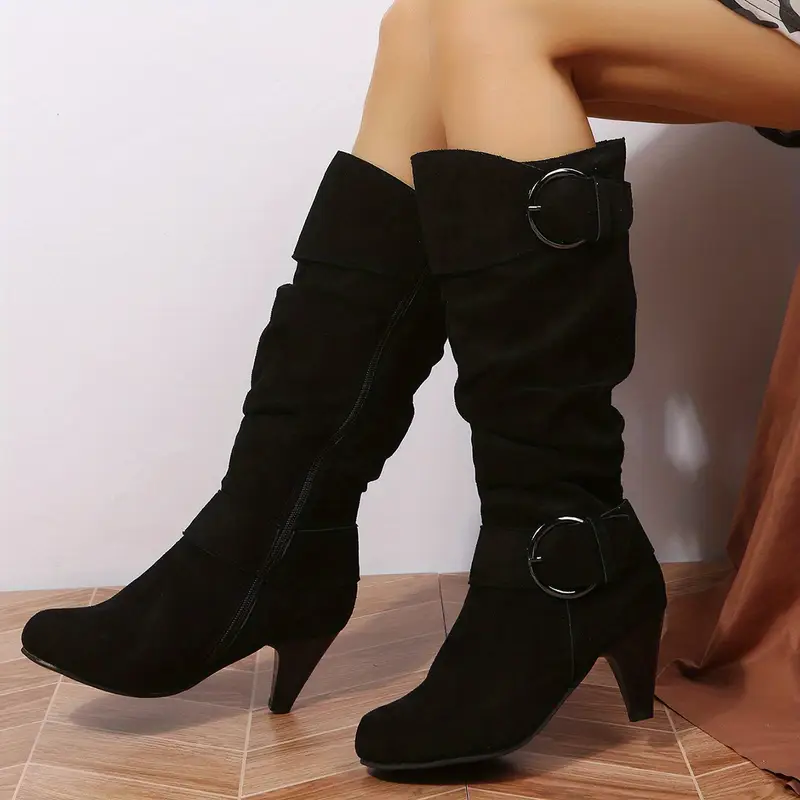 Women's Slouch Knee High Buckle Strap Side Zipper High Heeled Boots