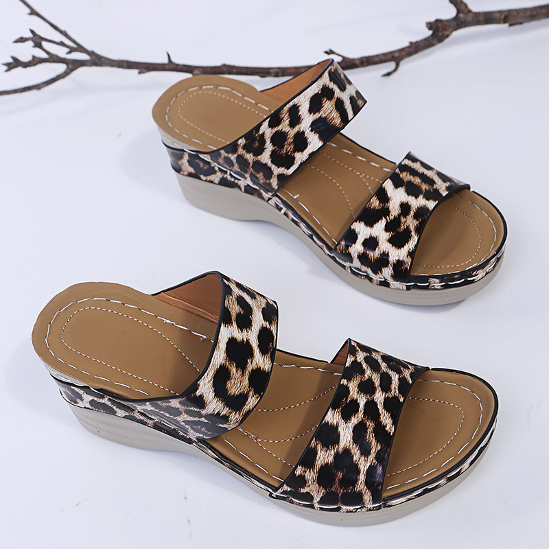 Leopard Print Leather Wedge Soft Sole Sandals