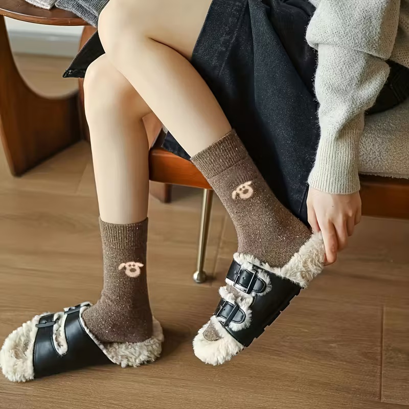 5 Pairs of Coffee Color Yarn Thick and Warm Korean Cute Puppy Stockings