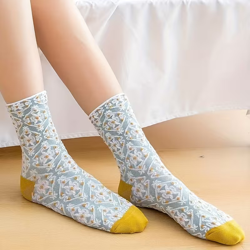 5 Pairs Women's High-Quality Vintage Geometric Pattern Ribbed Cuff Mid-Calf Socks
