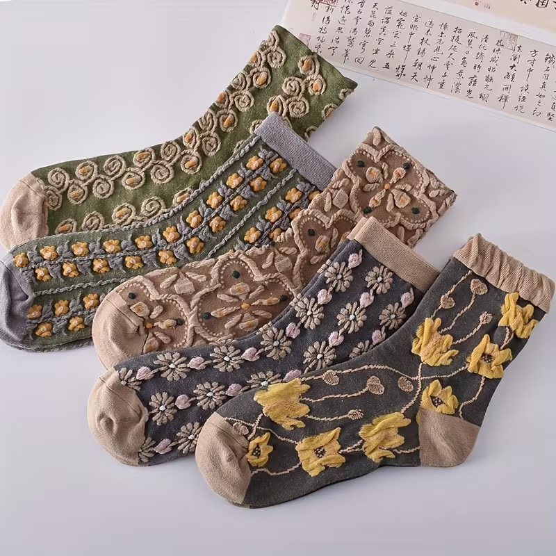5 Pairs Women's Vintage Floral Mid-Calf Socks