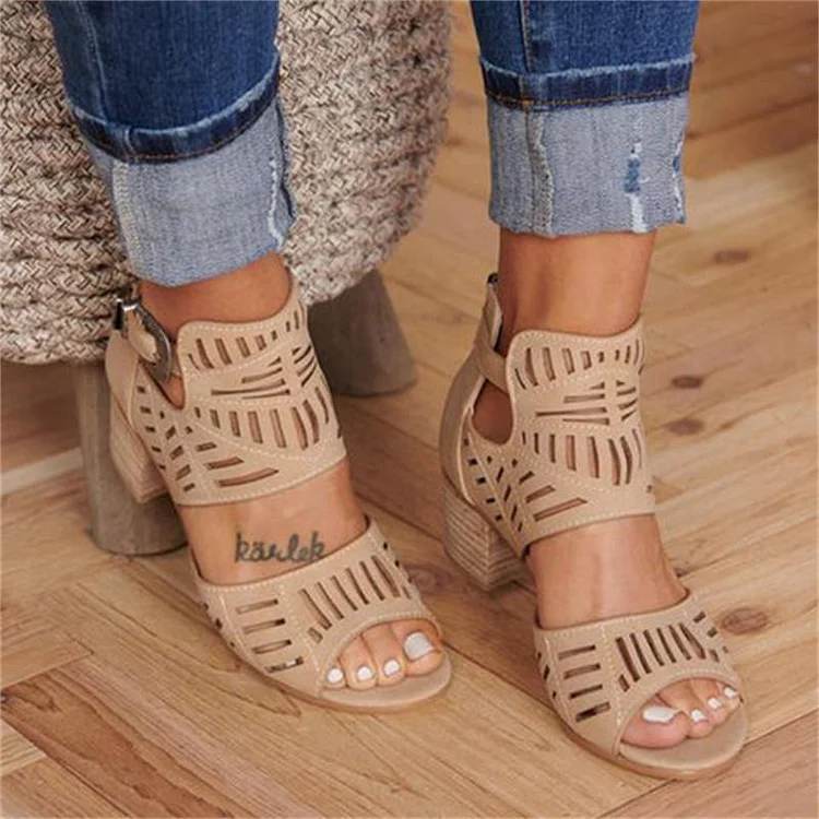 Vintage Hollow Out Sandals Mid Heel Buckle Ladies Shoes