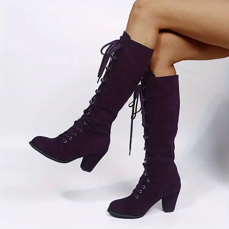 Women's Heeled Chunky Lace Up Knee High Comfy Long Boots