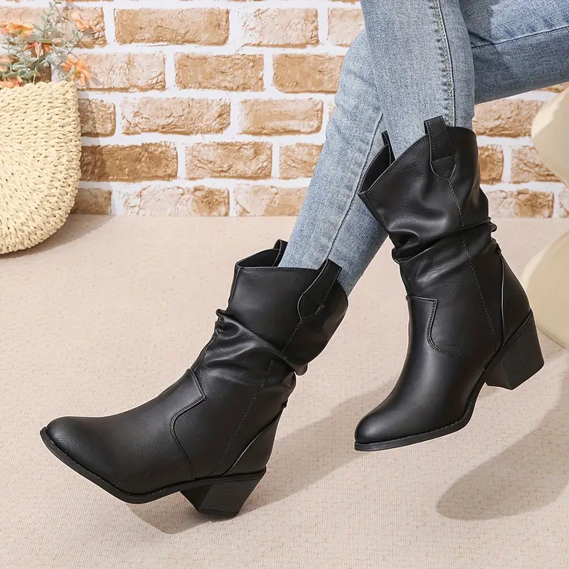 Women's Pleated Design Chunky Heel Boots