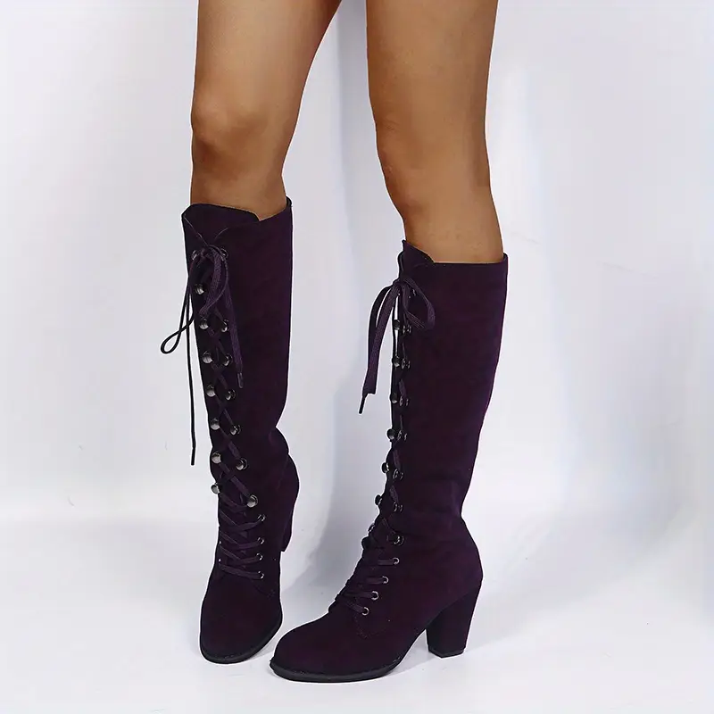 Women's Heeled Chunky Lace Up Knee High Comfy Long Boots