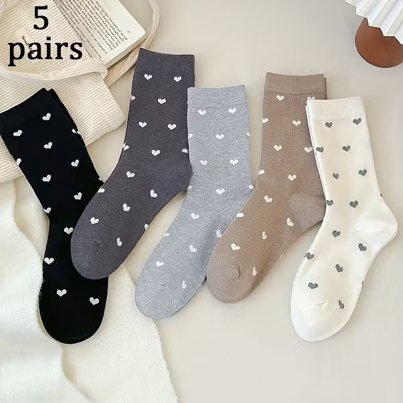 5 Pairs Women's Cozy Heart-Print Mid-Calf Socks