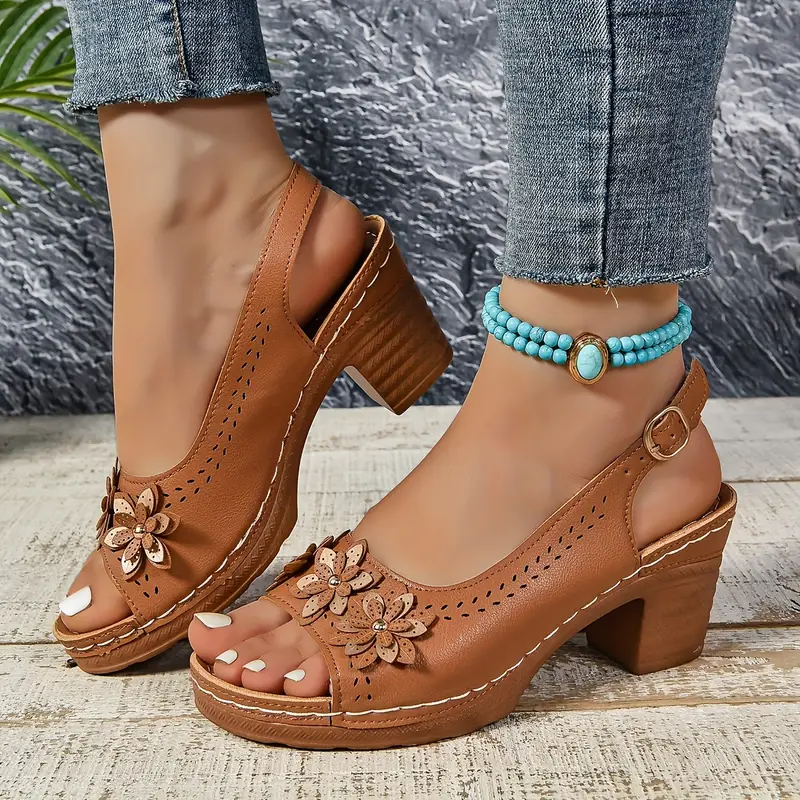 Comfortable PU Floral Block Heel Sandals