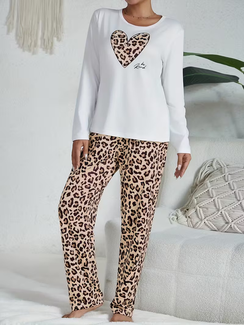 Women's Long Sleeve Leopard Print Casual Pajama Set