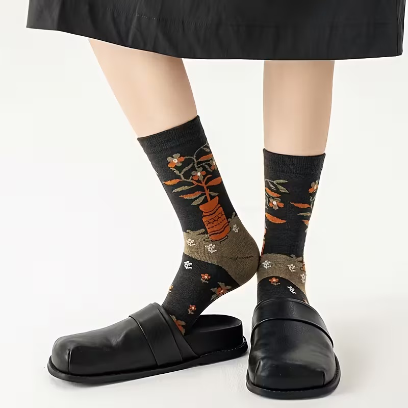 5 Pairs of Retro Floral Mid-Calf Socks