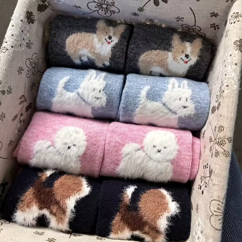 4 Pairs Adorable Cartoon Plush Puppy Socks