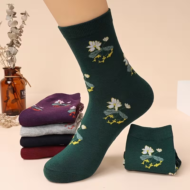 5 Pairs of Women's Mid-Calf Jacquard Design Socks