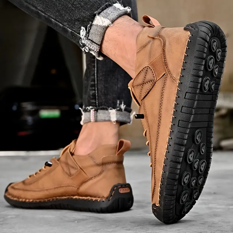 Mens PU Lace-up Sneakers - Breathable, Comfortable, Hook and Loop Fastener Ankle High Walking Shoes