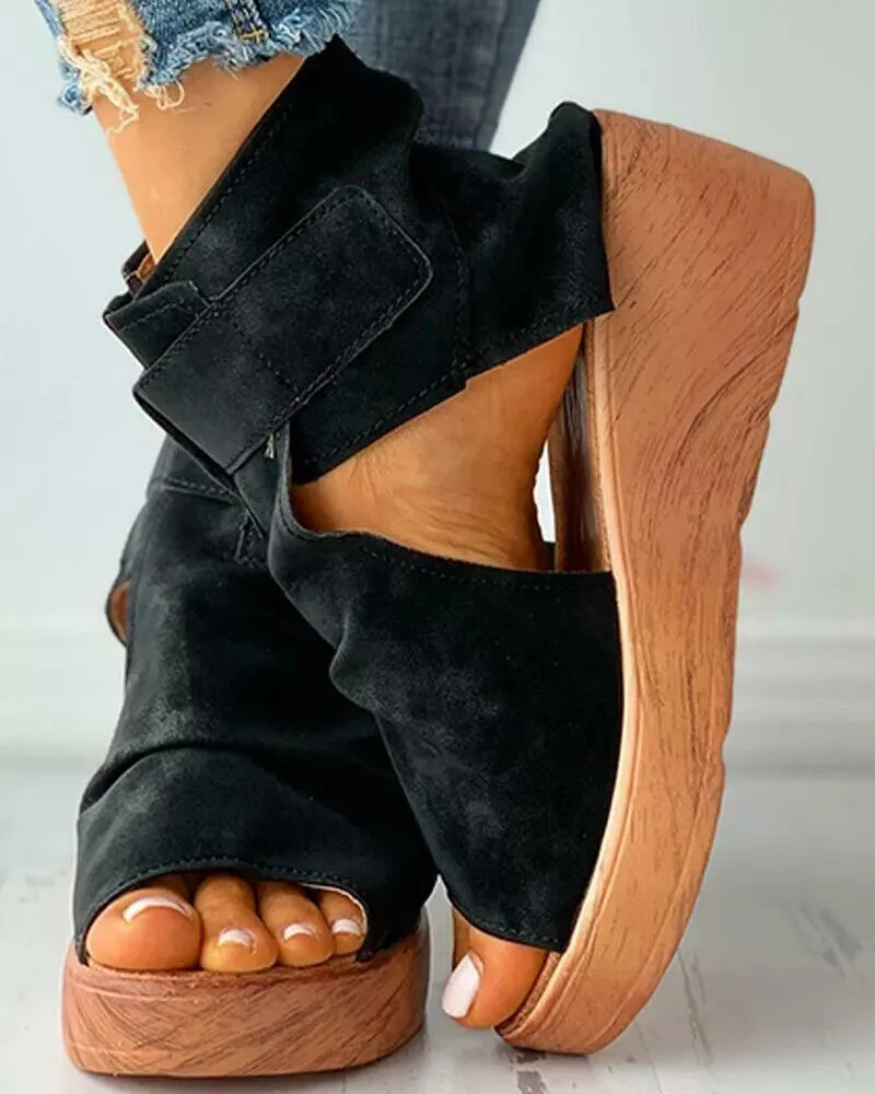 Buckle Wedge High Heel Solid Peep Open Toe Casual Sandals