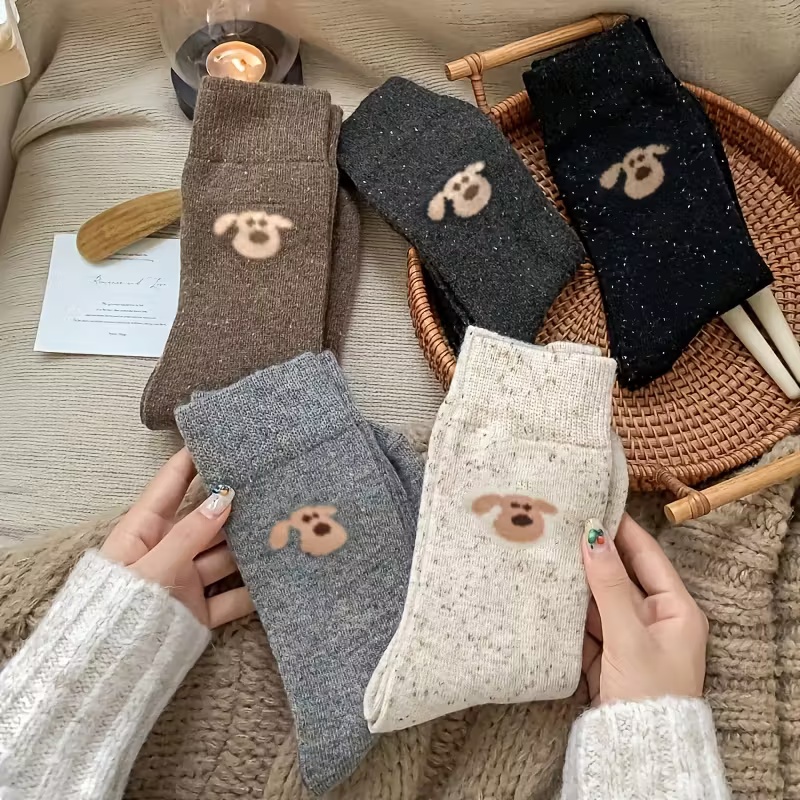 5 Pairs of Coffee Color Yarn Thick and Warm Korean Cute Puppy Stockings