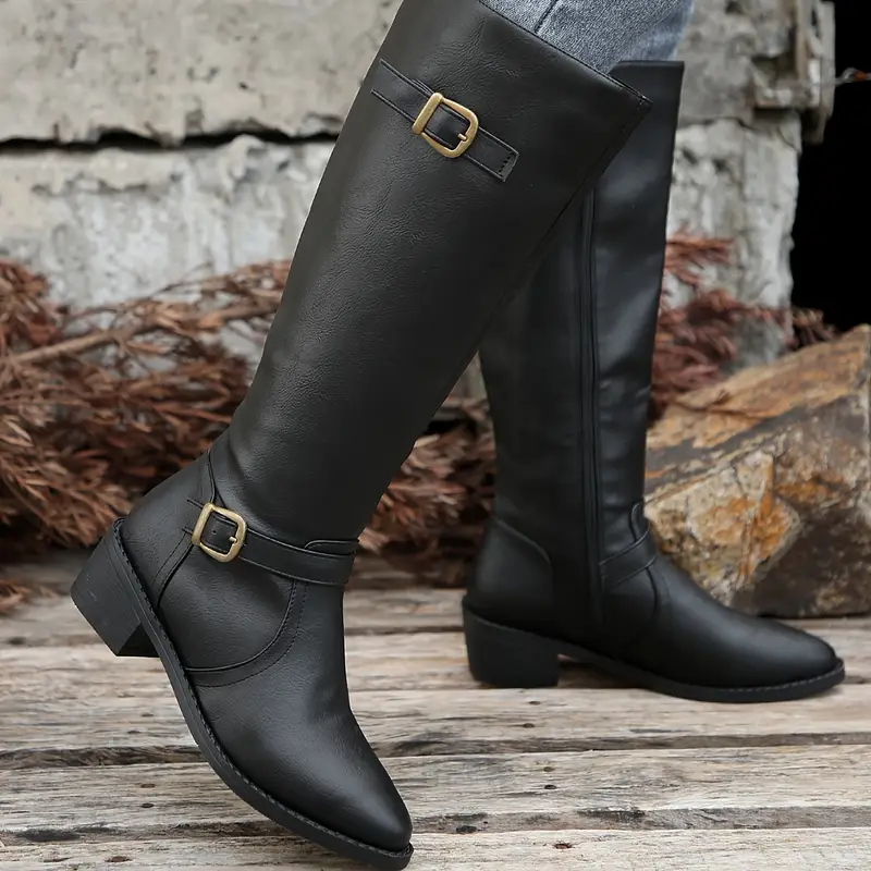 Chunky Heel Square Buckle Side Zipper Boots