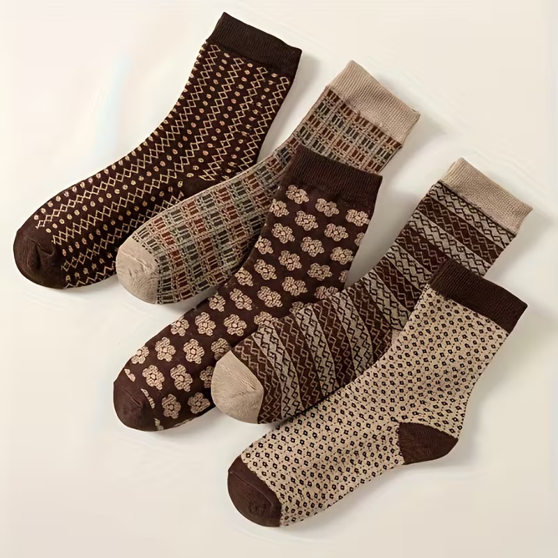 5 Pairs Women's Floral & Plaid Print Socks