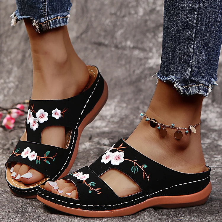 Women's Flower Embroidery Wedge Slippers