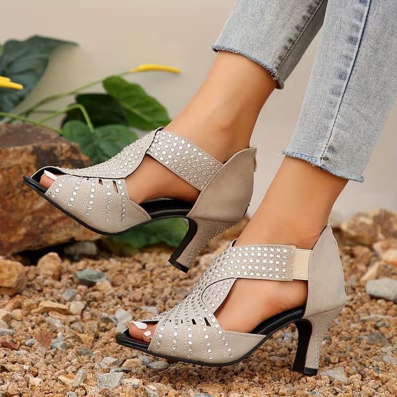 Women's Overseas Thin Heel Rhinestone Hollow Zipper Sandals