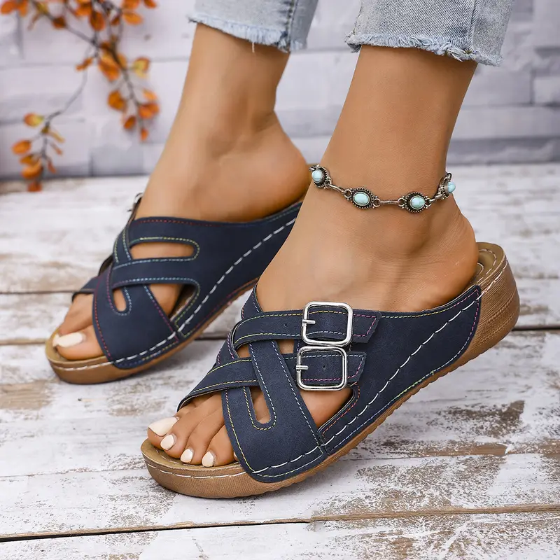 Women's Solid Color Open Toe Slip-on Wedge Heel Sandals