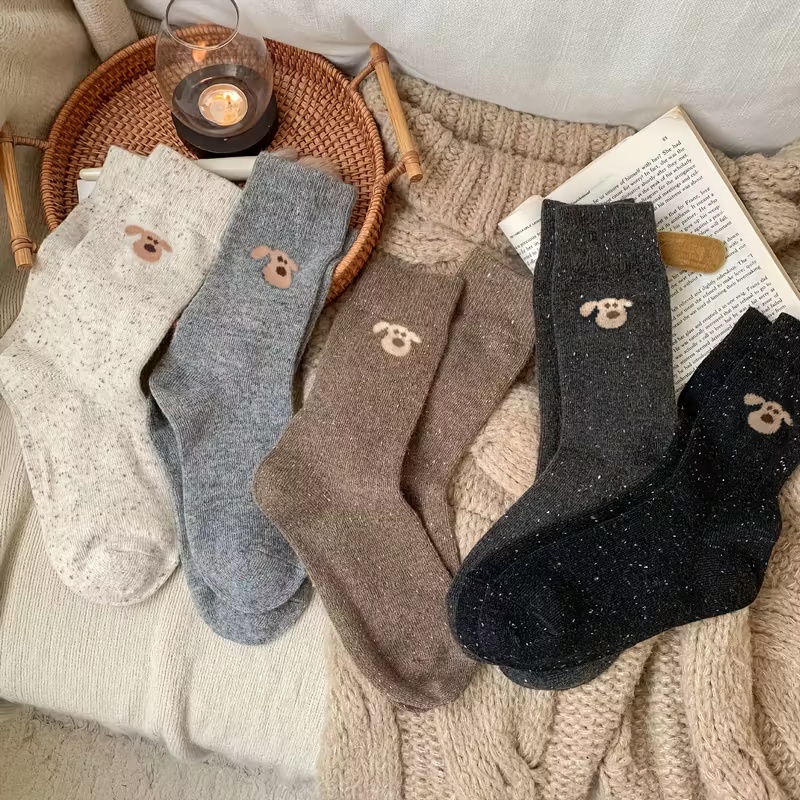 5 Pairs of Coffee Color Yarn Thick and Warm Korean Cute Puppy Stockings