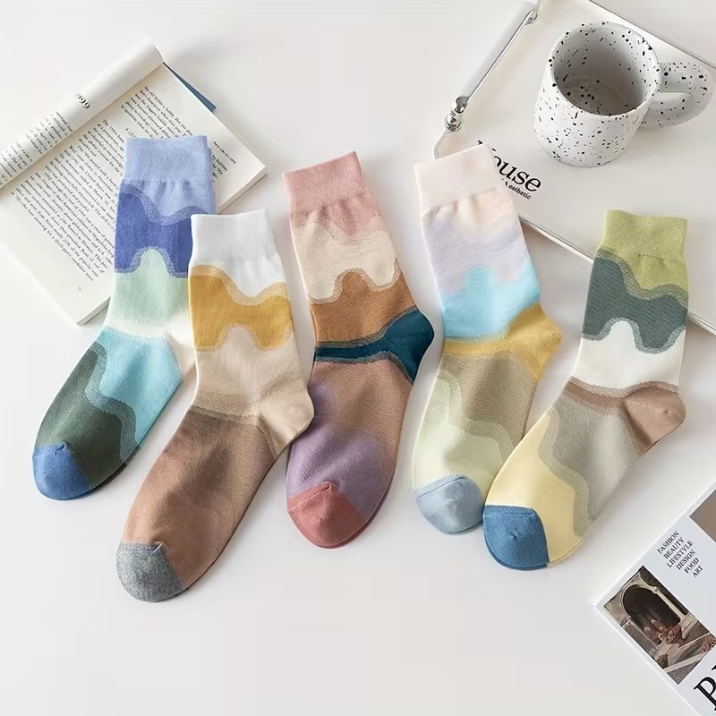 5 Pairs Of Mid-Tube Women's Contrast Color Stitching Oil Painting Socks