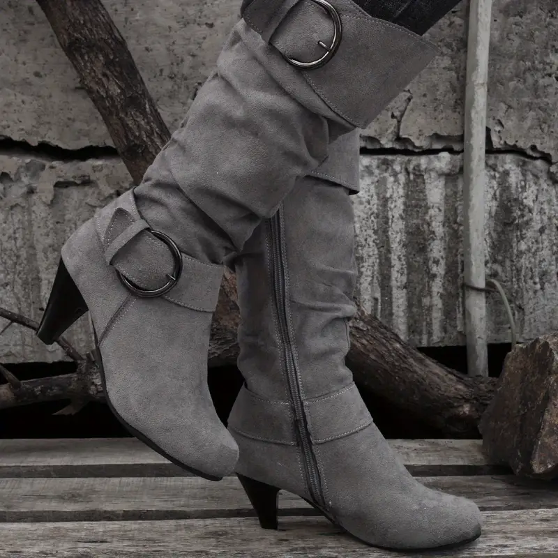 Women's Slouch Knee High Buckle Strap Side Zipper High Heeled Boots
