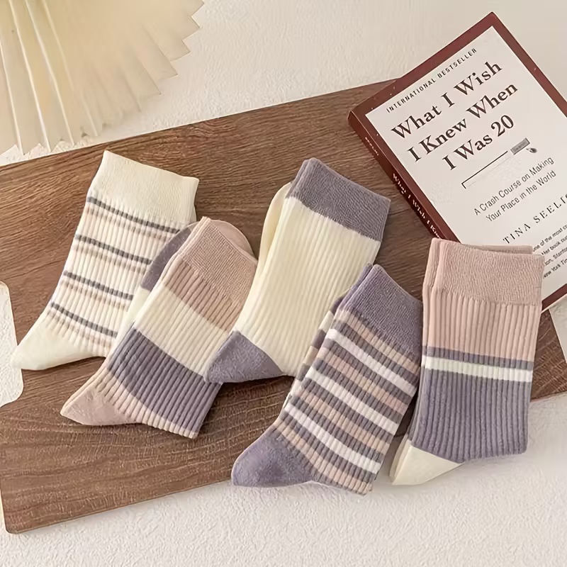 5 Pairs Vintage-Inspired Thick Striped Crew Socks
