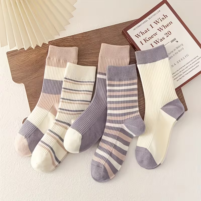 5 Pairs Vintage-Inspired Thick Striped Crew Socks