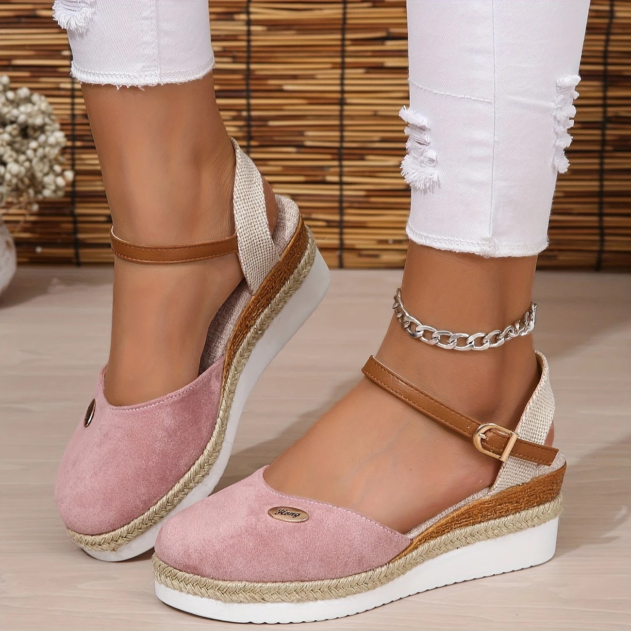Women's Platform Sandals with Thick Sole, Braided Detail, Elastic Ankle Strap for Casual Summer
