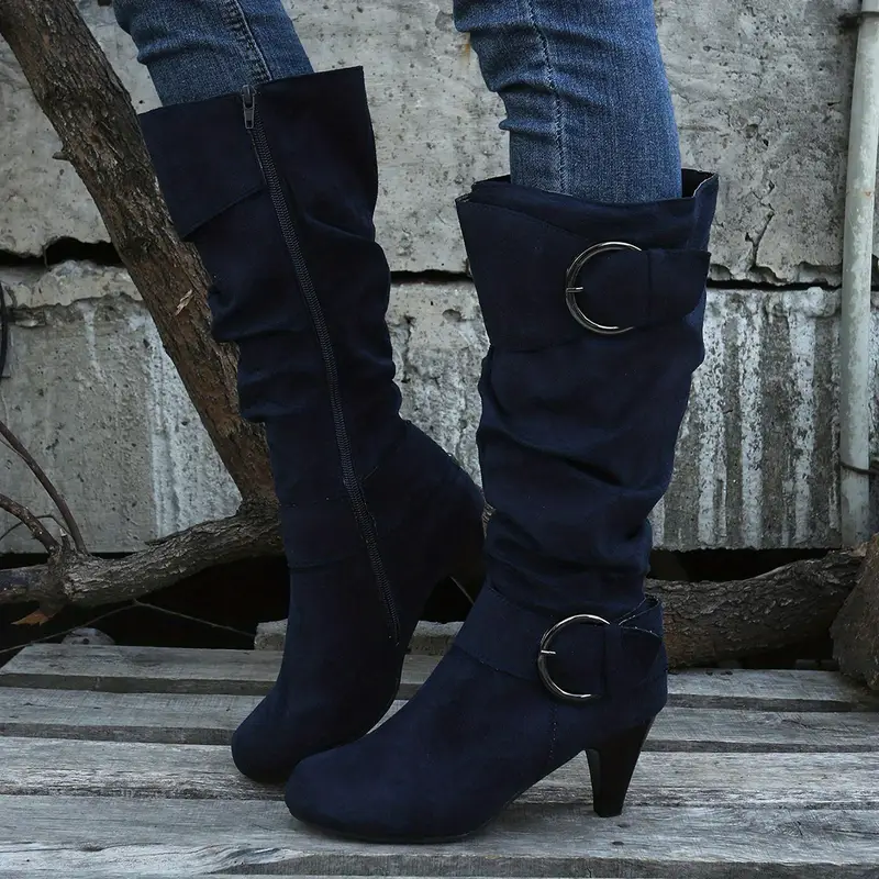 Women's Slouch Knee High Buckle Strap Side Zipper High Heeled Boots